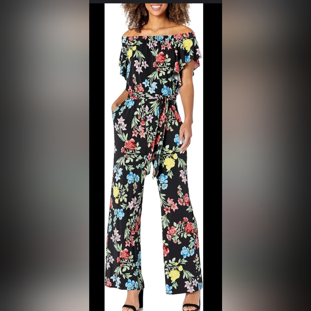 Calvin Klein Black Floral Jumpsuit, Nwt, Size L, Strech Fabric